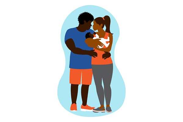 Illustration of a couple holding a new born baby